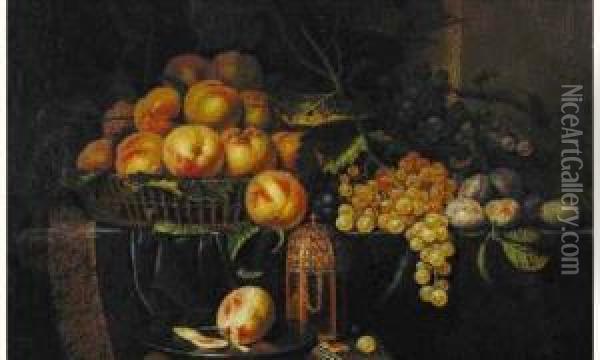 Panier D'abricots, Pieces D'orfevrerie, Raisins Et Prunes Sur Un Drap De Velours Bleu Oil Painting - Paul Liegeois