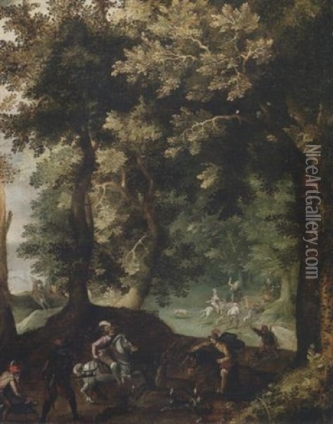 La Caccia Al Cervo In Un Paesaggio Oil Painting - Anton Mirou