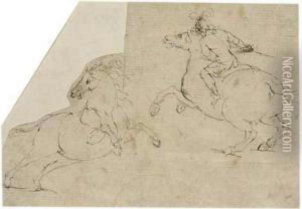 A Horseman In Profile To The Left And A Rearing Horse In Profile Tothe Right Oil Painting - Francesco Allegrini