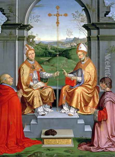 St. Thomas a Becket and St. Martin of Tours with Archbishop Giovanni Pietro Arrivabene and Guidobaldo da Montefeltro, Duke of Urbino Oil Painting - Timoteo Viti