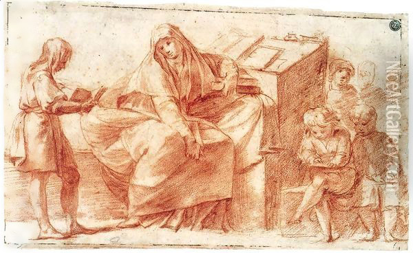 Schoolmistress with Her Pupils Oil Painting - Polidoro Da Caravaggio (Caldara)