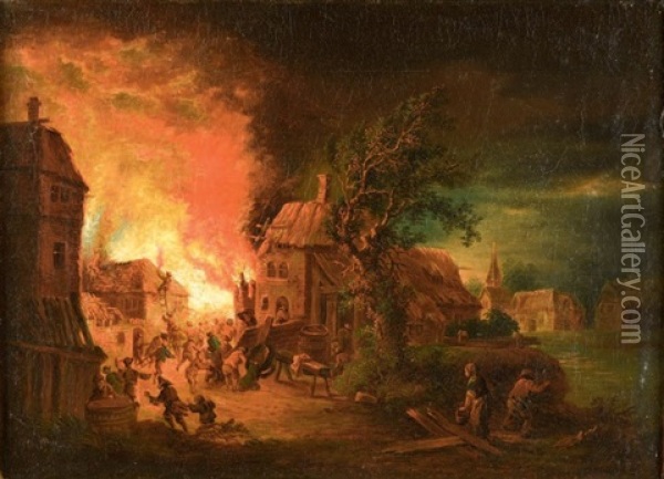 Incendies Nocturnes (pair) Oil Painting - Johann Georg (Georges) Trautmann