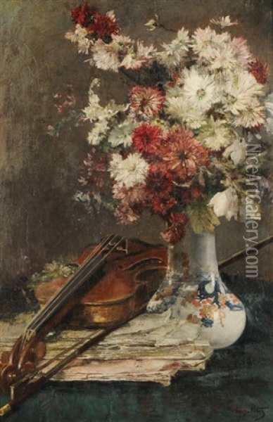 Blumenstilleben In Chinesischer Vase Mit Violine Oil Painting - Eugene Petit