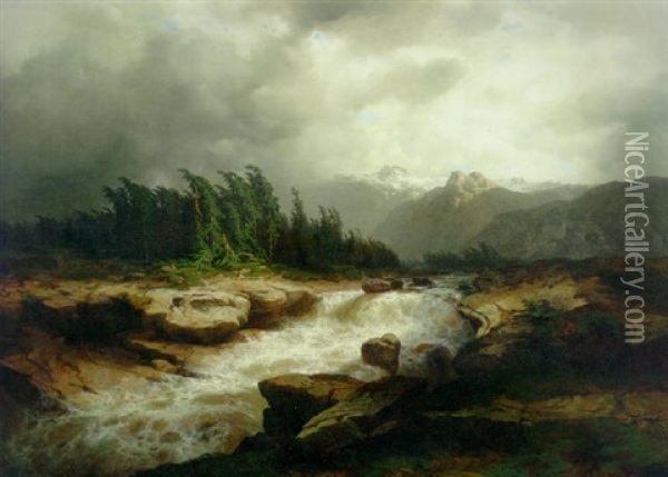 A Torrent Running Through An Alpine Landscape With Snow-covered Mountain In The Distance Oil Painting - Alexandre Calame