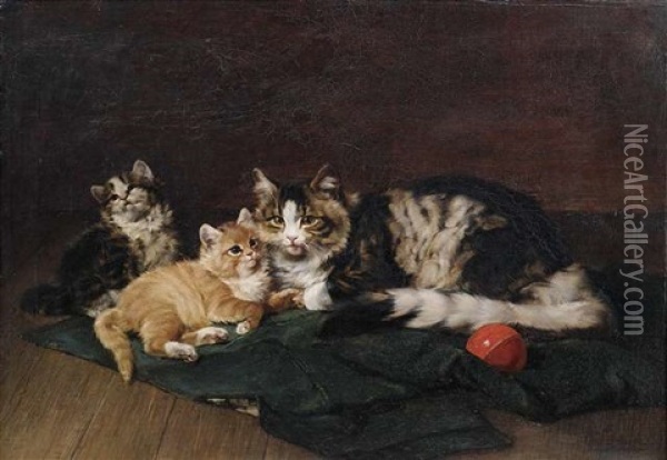 Eine Katzenmutter Ruht Mit Ihren Beiden Katzchen Auf Einer Grunen Decke Oil Painting - Julius Adam the Younger