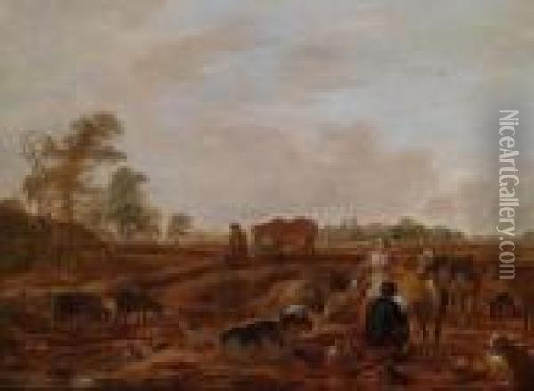 Paesaggio Con Pastori E Animali Al Pascolo Oil Painting - Cornelis Saftleven