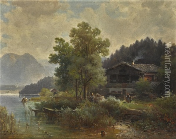 Mountain Landscape With A Lake Oil Painting - Ludwig Sckell
