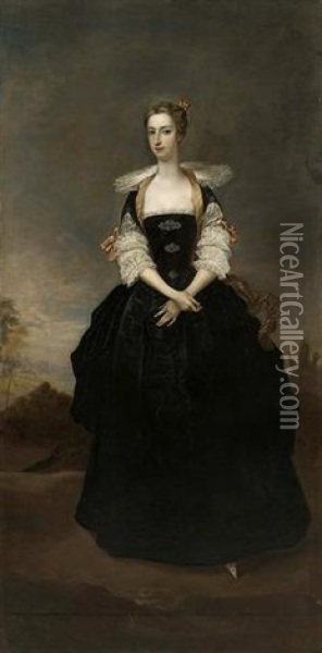 Portrait Of A Lady (a Member Of The Dundas Family?) In A Black Van Dyck Dress, In A Landscape Oil Painting - Charles Jervas
