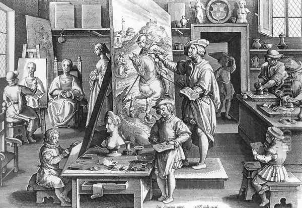 A Painter's Workshop c. 1595 Oil Painting - Philip Galle