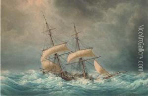 The Francois-georges Reefed Down In Heavy Seas Oil Painting - Francois Geoffroy Roux