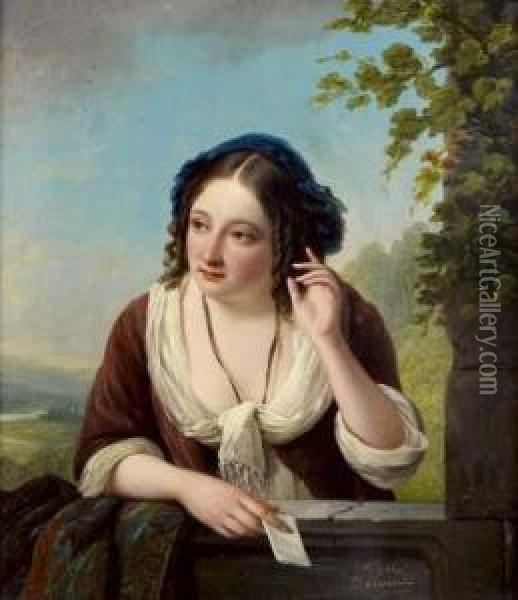 Jeune Femme Tenant Une Lettre Devant Une Balustrade Oil Painting - Jean-Henri Decoene