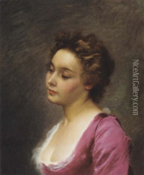 An Elegant Lady In A Pink Dress Oil Painting - Gustave Jean Jacquet