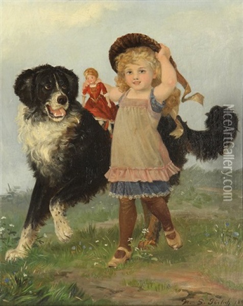 Young Girl With Dog Oil Painting - Marie Goerlich