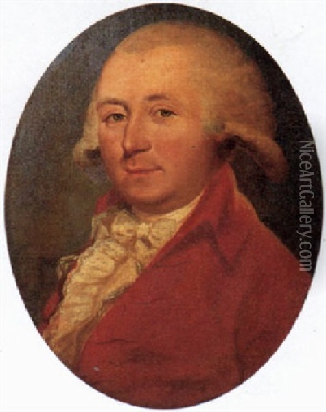 A Portrait Of A Gentleman, Bust Length, Wearing A Red Coat  With Lace Shirt Oil Painting - Jens Juel