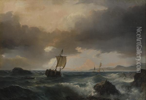 Kystlandskap Med Seilskuter Og Sjofugler Oil Painting - Johan Jacob Bennetter