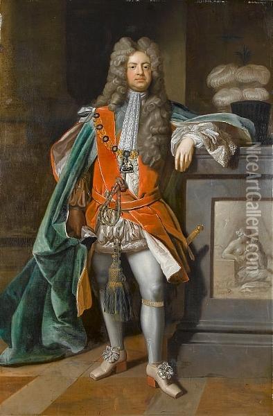 Portrait Of Charles Montagu, 1st
 Earl Of Halifax (1661-1715), Standing Full-length, In The Robes Of The 
Order Of The Garter Oil Painting - Michael Dahl
