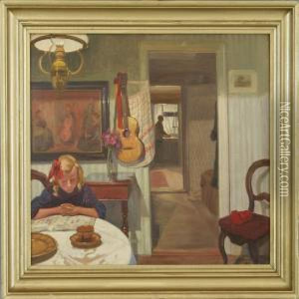 Interior With A Girl And A Woman Oil Painting - Robert Panitzsch