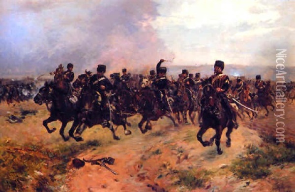 Hussars On The Charge Oil Painting - Henri Louis Dupray