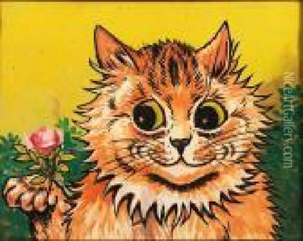 A Tabby Cat Holding A Rose Oil Painting - Louis William Wain