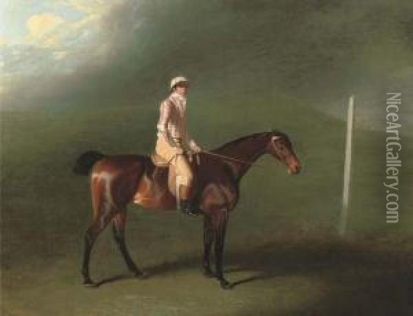 Sir Charles Bunbury's Bay Filly With Jockey Up On Newmarketheath Oil Painting - Benjamin Marshall