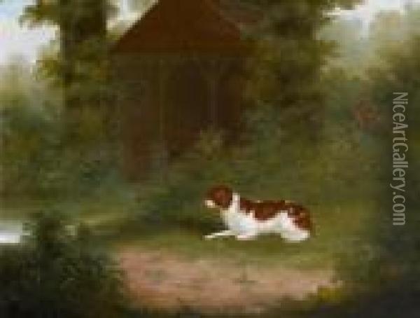 The Springer Spaniel 'dash' Before A Gazebo Oil Painting - Charles Hamilton Smith