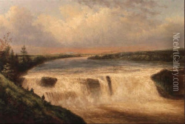 Falls Of The Chaudiere River, Train In The Distance Oil Painting - Cornelius David Krieghoff