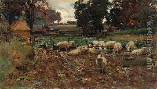 Sheep Among The Roots Oil Painting - David Farquharson
