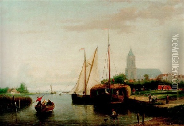 A Moored Haybarge And Other Shipping By A Bleach-field, In The Harbour (of Monninckendam?) Oil Painting - Johannes Frederik Hulk the Elder