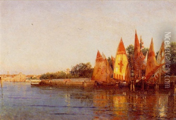 Bateaux Et Gondoles, Devant Le Jardin Francais A Venise Oil Painting - Charles Clement Calderon