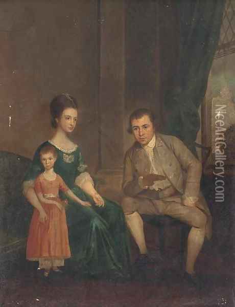 Group portrait of husband and wife, seated full-length, with their daughter, in an interior Oil Painting - English School