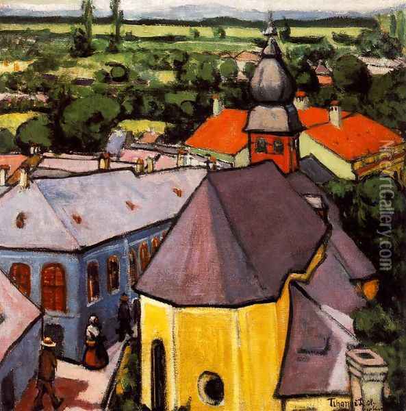 View of a Street at Nagybanya 1908 Oil Painting - Lajos Tihanyi