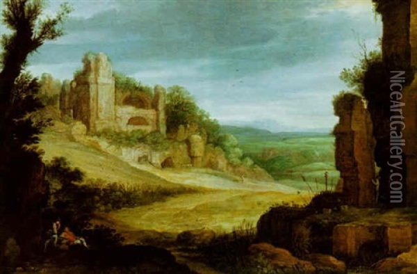 A Landscape With Classical Ruins And Birdcatchers Oil Painting - Paul Bril