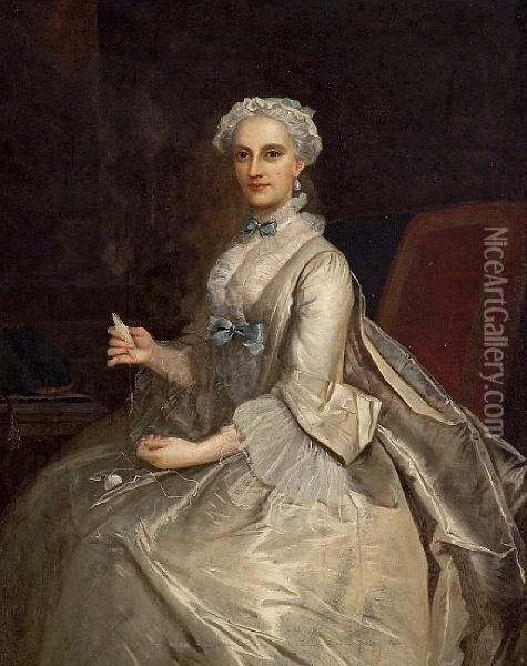 A Portrait Of A Lady, Three-quarter Length,seated, Holding A Spool Of Yarn Oil Painting - Joseph Highmore