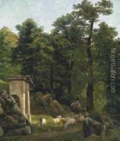 Landscape With Small Chapel And Animals Oil Painting - Alexandre Calame