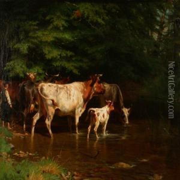 Cows Drinking Water Oil Painting - Adolf Henrik Mackeprang