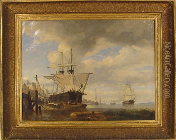 Sailing Ships In Port Oil Painting - Jules Schaumburg