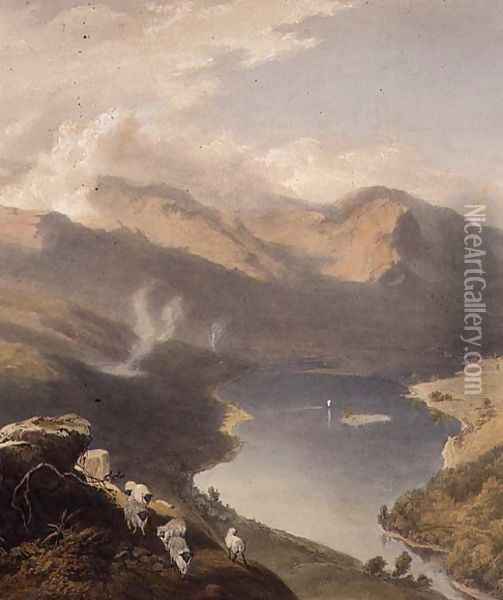 Grasmere from Langdale Fell, detail of the lake, from The English Lake District, 1853 Oil Painting - James Baker Pyne