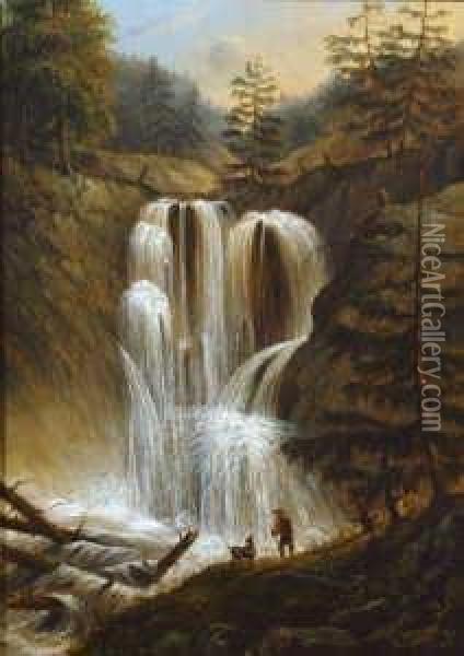 Gebirgslandschaft Mit Einem
 Ziegenhirten Vor Einem Wasserfall. Oil Painting - George Willem Opdenhoff