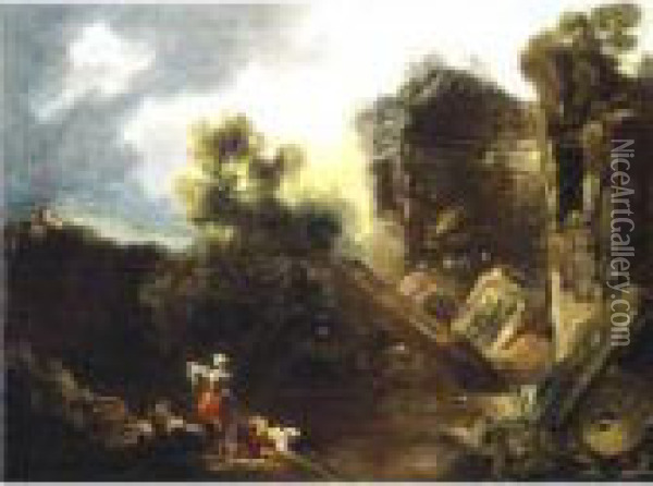 Laundresses By A River With Roman Ruins Beyond Oil Painting - Jean-Honore Fragonard