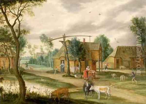 A village landscape with a woman drawing water from a well Oil Painting - Isaak van Oosten