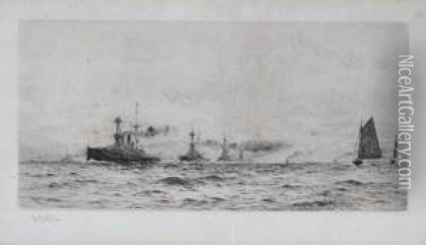 Atlantic Fleet Off Portsmouth Oil Painting - William Lionel Wyllie