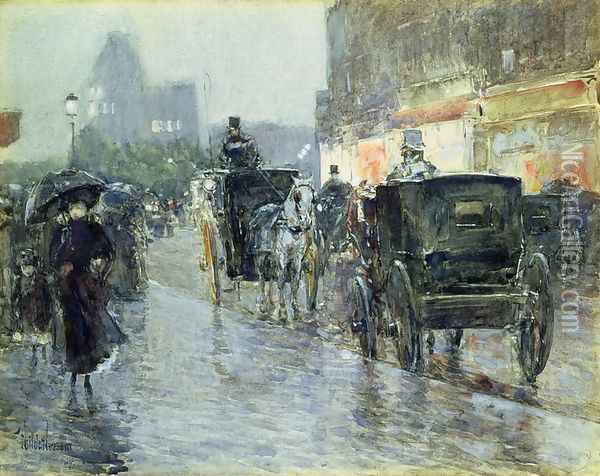 Horse Drawn Cabs at Evening, New York, c.1890 Oil Painting - Childe Hassam