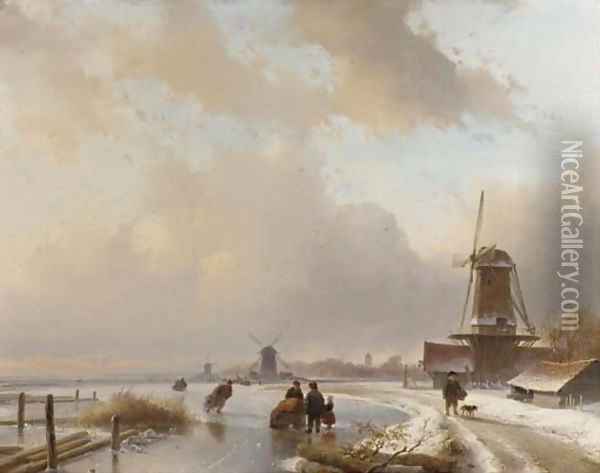 Skaters on the ice by windmills, a koek and zopie in the distance Oil Painting - Andreas Schelfhout