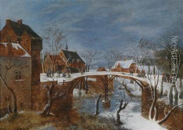 Winter Landscape With A Flemish Town Oil Painting - Jacob Grimmer