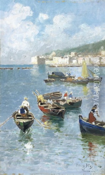 Rowing Boats Off The Coast Oil Painting - Blas Olleros Y Quintana