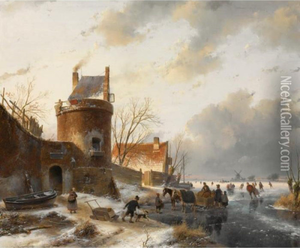 Skaters On A Frozen River Near A Donjon Oil Painting - Andreas Schelfhout