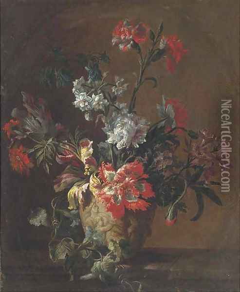 Carnations, parrot tulips, narcissi and other flowers in a sculpted urn on a ledge Oil Painting - Jean-Baptiste Monnoyer