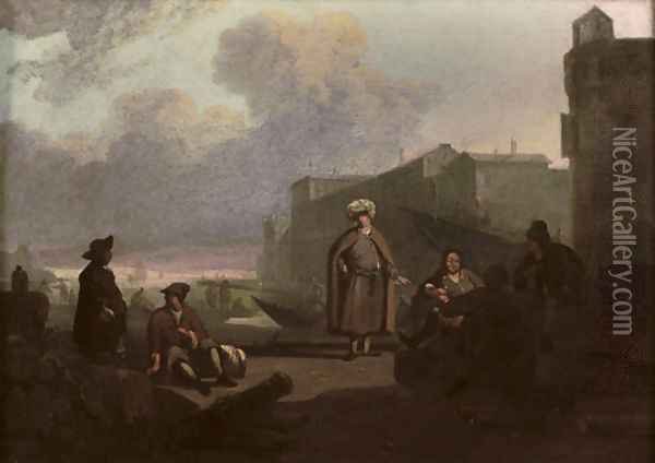 An Italianate harbour with merchants conversing on a quay Oil Painting - Wigerus Vitringa