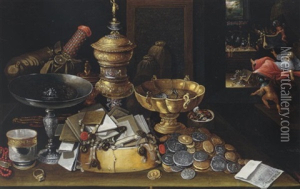 A Still Life Of Coins, Letters, A Silver Tazza, Gilt Vessels, Jewelry And A Silver Beaker Upon A Table, A Miser Haunted By Demons Beyond Oil Painting - Hieronymus Francken the Younger