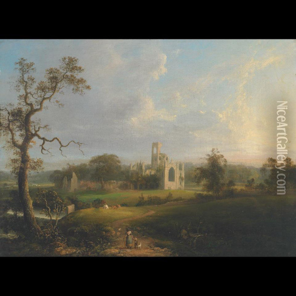 Kirkstall Abbey Oil Painting - George Arnald
